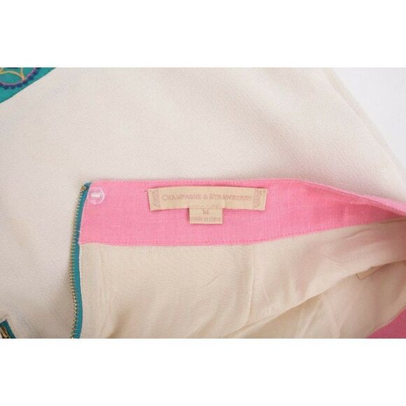 Champagne & Strawberry Mini Skirt Size M Floral White Pink Turquoise Embroidery - Picture 6 of 8